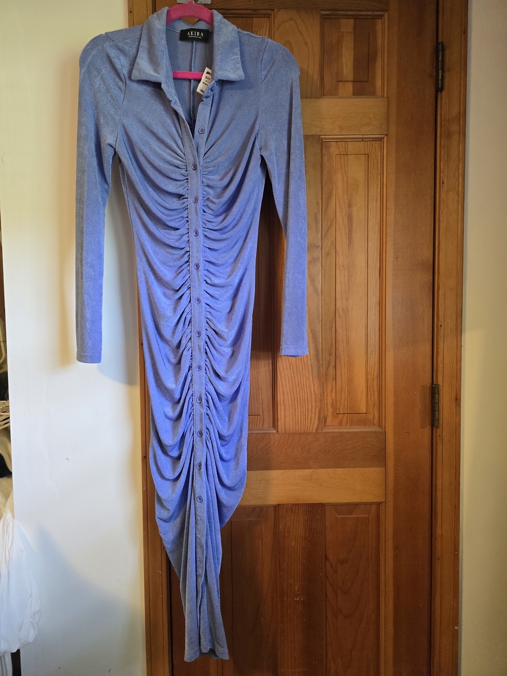 Akira Lavender Ruched Button-Front Long Sleeve Dress - Picture 3 of 16